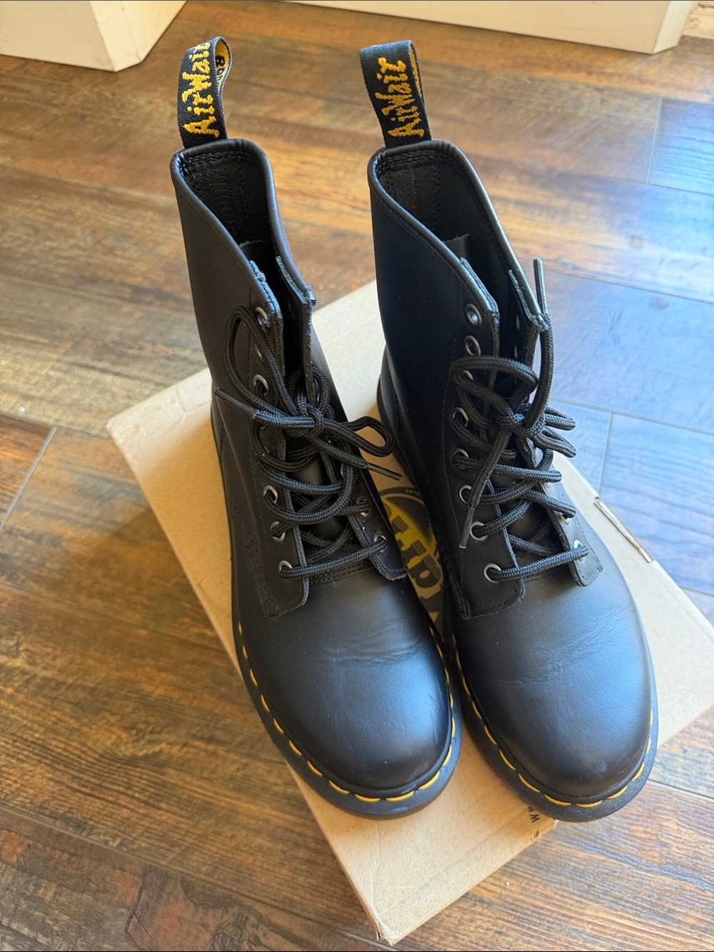 Dr. Martens Black Leather Lace-Up Boots with Yellow Stitching